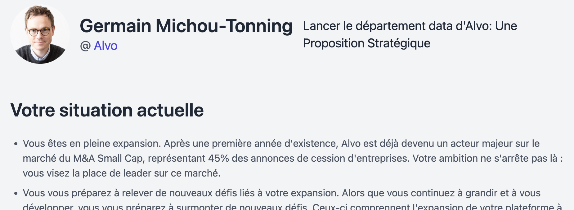 Example personalized deal room for Alvo